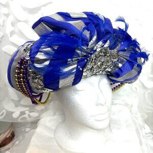 Three Kings Wise Man  Silver Blue Stripe Turban Handcrafted